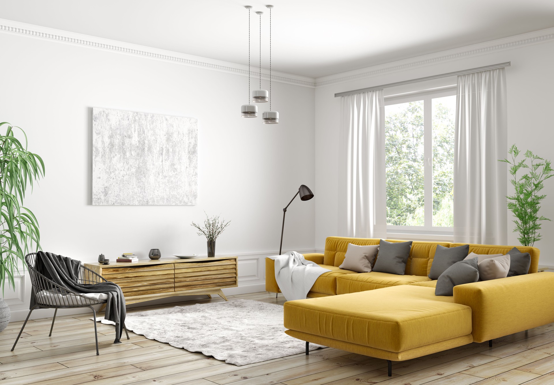 Interior design of modern Scandinavian apartment, living room 3d rendering